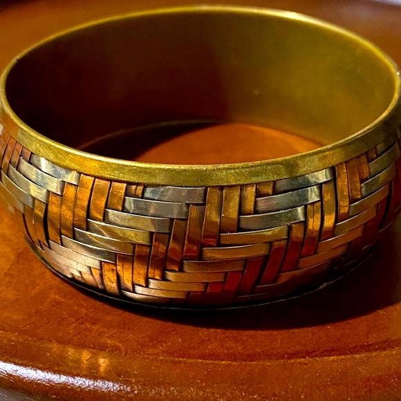 Vintage Silver Copper & Brass bangle bracelet Tri-Color Basket Weave Cuff VGUC - Picture 13 of 17